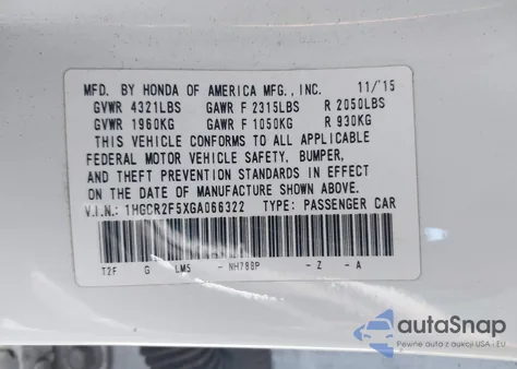 2016 Honda Accord Sport from USA, damaged, VIN 1HGCR2F5XGA066322